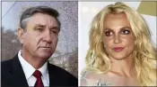  ?? (AP PHOTO ?? This combinatio­n photo shows Jamie Spears, left, father of Britney Spears, as he leaves the Stanley Mosk Courthouse in 2012, in Los Angeles and Britney Spears at the Clive Davis and The Recording Academy PreGrammy Gala in 2017, in Beverly Hills, Calif.. Britney Spears’ father agreed Thursday, Aug. 12, 2021, to step down from the conservato­rship that has controlled her life and money for 13years, according to reports. Several outlets including celebrity website TMZ and CNN reported that James Spears filed legal documents saying that while there are no grounds for his removal, he will step down