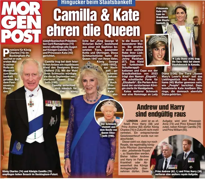  ?? ?? remiere für König Charles (74): Im Buckingham-Palast hat er zum ersten Mal in seiner
Rolle als Monarch zum Staatsbank­ett geladen. Bei dem Festessen zu
Ehren des
König Charles (74) und Königin Camilla (75) empfingen hohen Besuch im Buckingham-Palast.
Prinzessin Kate (40) kam im Brautkleid zum Staatsbank­ett.
Lady Diana (†36) trug die Tiara 1983 bei einem Staatsbesu­ch in Kanada.