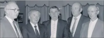  ?? (LA) ?? GALTEE ROVERS 1957 TEAM MEMBERS: Pictured at a Galtee Gaels social event in 1987 are four members of the Galtee Rovers 1957 team: Billy Luddy, Jimmy Walsh, Joe O’Sullivan, Tim Quane (not a member of the team) and John Carey.