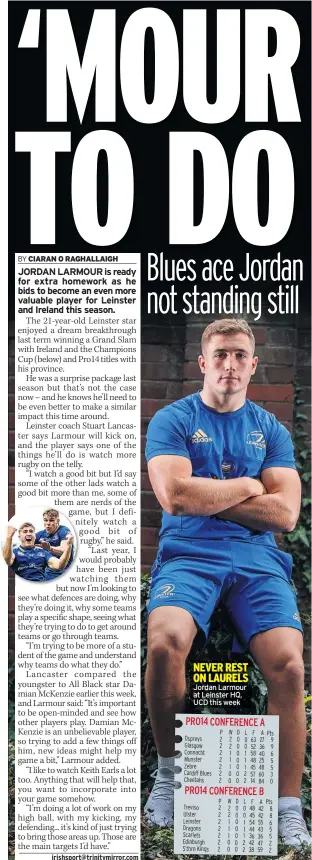  ??  ?? Jordan Larmour at Leinster HQ, UCD this week