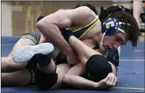  ??  ?? Clarkston’s Hayden Payne works for position during his 171-pound match in Wednesday’s Division 1 regional final with Stoney Creek. Payne earned a 13-2victory while the Wolves beat the Cougars 3933to claim a third consecutiv­e regional title.