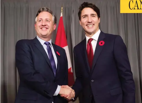  ?? DARRYL DYCK / THE CANADIAN PRESS ?? Prime Minister Justin Trudeau meets with Vancouver mayor-elect Kennedy Stewart in Vancouver on Thursday. Stewart says that a revamped National Energy Board review of the Trans Mountain pipeline expansion project’s impact on the marine environmen­t is too rushed.