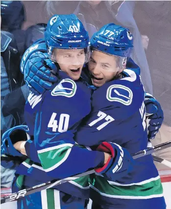  ?? JONATHAN HAYWARD/THE CANADIAN PRESS ?? Canucks right wing Nikolay Goldobin, right, celebrates his goal with centreman Elias Pettersson during the third period against the Calgary Flames at Rogers Arena on Wednesday.