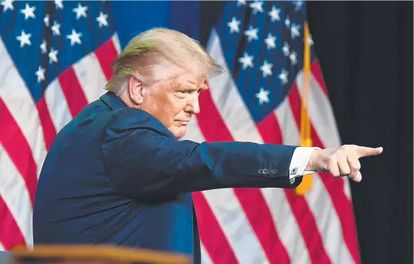  ??  ?? MAGA-VERSE: Donald Trump gestures during the Republican National Convention and (below) his faithful fans, and Republican Senator Tim Scott.