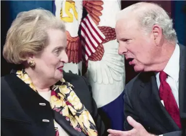  ?? Photo: Houston Chronicle ?? U.S. Secretary of State Madeleine Albright chats with former Secretary of State James Baker III before her speech at the Baker Institute for Public Policy at Rice University. (2007)