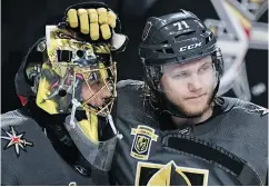  ?? ETHAN MILLER / GETTY IMAGES ?? Goalie Marc-Andre Fleury, William Karlsson and the Golden Knights defied the odds to reach the Stanley Cup Final last season.