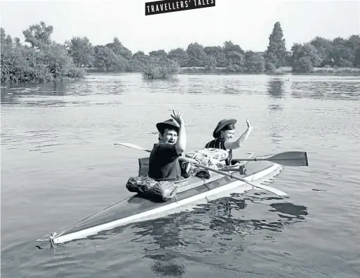  ?? Picture: © Terry Bell ?? MANY RIVERS TO CROSS Terry Bell, then 24, and his wife Barbara, 27, wave goodbye from their 5m fibreglass kayak, Amandla, on the River Thames in London, UK, as they begin their 11,000km journey to Dar es Salaam, Tanzania, in August 1967.