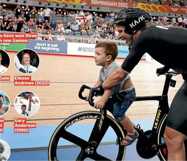  ?? AP ?? Aaron Gate takes son Axel for a spin on the London velodrome where the New Zealand rider had ‘‘an amazing few days on the track’’.