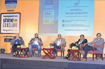  ??  ?? From L: Amitava Saha (Head Human Resources, Biocon), Girish Menon ( HR Head Swiggy) , Manoj Kumar (Head of HR Analytics, Global Businesses & CoE HSBC), Srinath Gururajara­o (CHRO & Vice President, Nexval Group) and C. Mahalingam Mali (HR Advisor and...