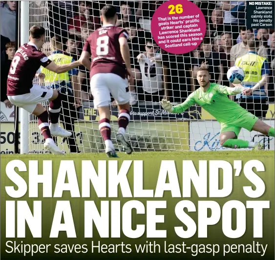  ?? ?? 26 of That is the number prolific goals Hearts’ striker and captain Lawrence Shankland season has scored this him a and it could earn Scotland call-up
Lawrence Shankland calmly slots his penalty past Carson