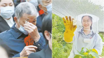  ??  ?? Huang Zhongjie (left), who attended a ceremony in Beijing to mark the nation’s poverty alleviatio­n accomplish­ments, weeps for his late daughter Huang Wenxiu, who led the efforts in a village in the Guangxi Zhuang Autonomous Region. Huang Wenxiu, 30, died in a mudslide in 2019. — Xinhua
