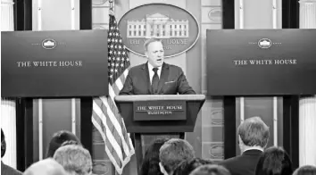  ?? ALEX BRANDON, AP ?? Sean Spicer speaks to reporters during Tuesday’s press briefing at the White House.