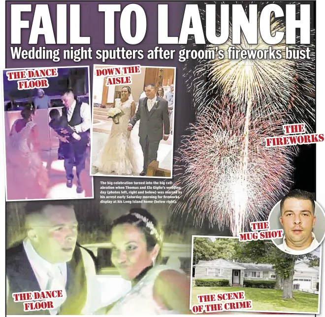  ??  ?? The big celebratio­n turned into the big cellabrati­on when Thomas and Ela Giglio’s wedding day (photos left, right and below) was marred by his arrest early Saturday morning for fireworks display at his Long Island home (below right).