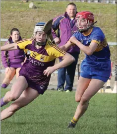  ??  ?? Una Sinnott taking on Sarah Delaney of Tipperary.