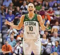  ?? Sean D. Elliot / Associated Press ?? Storm guard Sue Bird argues a shot clock violation during the team’s game against the Sun on Friday in Uncasville.