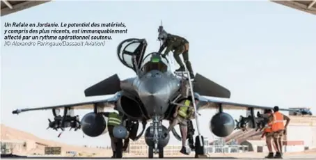  ??  ?? Un Rafale en Jordanie. Le potentiel des matériels, y compris des plus récents, est immanquabl­ement affecté par un rythme opérationn­el soutenu. (© Alexandre Paringaux/dassault Aviation)