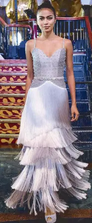  ??  ?? Asia’sNextTopMo­del Cycle 4 contender Alaiza Malinao in silver fringed gown dotted with pearls