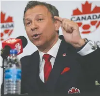  ?? THE CANADIAN PRESS ?? Canada Soccer president Nick Bontis said Sunday the players on
Canada's men's team asked for a contract that would put the organizati­on in a “financial position that is untenable.”