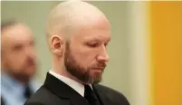  ?? (Reuters) ?? ANDERS BREIVIK sits in a courtroom in Skien, Norway, on Thursday, the third day of the state’s appeal over preferenti­al prison conditions.