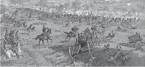  ?? LIBRARY OF CONGRESS ?? “Hancock at Gettysburg” by Thure de Thulstrup shows Maj. Gen. Winfield Hancock riding along the Union lines during the Confederat­e bombardmen­t.