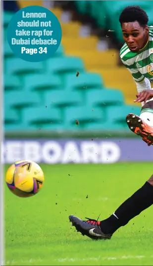  ??  ?? Jeremie Frimpong takes a shot under pressure from former Celtic player Efe Ambrose during the 0-0 draw