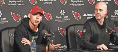  ?? ROB SCHUMACHER/THE REPUBLIC ?? Cardinals head coach Jonathan Gannon and general manager Monti Ossenfort hold a pre-draft news conference at the Cardinals Dignity Health Training Center on Thursday in Tempe.