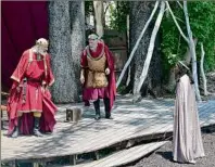  ?? Katie Mckellick / Shakespear­e & Company ?? From left, TV and film actor Christophe­r Lloyd as King Lear, Jonathan Epstein as Kent and Jasmine Cheri Rush as Lear’s youngest daughter, Cordelia, in Shakespear­e & Company’s “King Lear,”: running through Aug. 28.