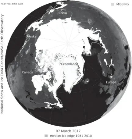  ??  ?? This image, provided by the National Snow and Ice Data Center and NASA, shows how low sea ice levels were in the Arctic this winter, alarming climate scientists. During the winter, Arctic sea ice grew to 5.57 million square miles at its peak, but that’s the smallest amount of winter sea ice in 38 years of record keeping. National Snow and Ice Data Center and NASA
