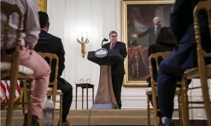  ?? Photograph: REX/Shuttersto­ck ?? William Barr delivers remarks on the operation in the East Room of White House on Wednesday.