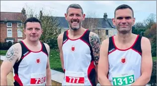  ?? ?? Penistone runners: Martin Ball, Andrew Heppenstal­l and James Mumford at Tadcaster and, right, Dave Napier at Derby.