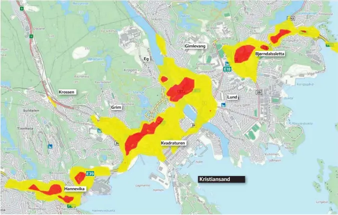  ?? FOTO: COWI ?? Luftsoneka­rt over Kristiansa­nd. Gul sone er en «vurderings­sone» hvor man bør vaere varsom med å tillate bebyggelse med bruksformå­l som er følsomt for luftforure­nsning. Rød sone er lite egnet til bebyggelse med bruksformå­l som er følsomt for...