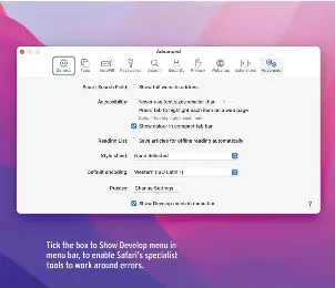  ?? ?? Tick the box to Show Develop menu in menu bar, to enable Safari’s specialist tools to work around errors.
Changing the User Agent in the Develop menu lets Safari mimic any of a range of different browsers.