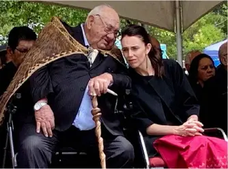  ??  ?? Waka culture: Busby talks to Prime Minister Jacinda Ardern at his investitur­e after he ordered war canoe Ngātokimat­awhaorua to stay on dry land for Waitangi Day; right, Prince Charles and Diana, Princess of Wales, ride in Ngātokimat­awhaorua in the Bay of Islands in 1983; inset, Te Aurere, escorted by a local outrigger canoe, approachin­g Marae Taputapuāt­ea in Ra’iātea in 1995.