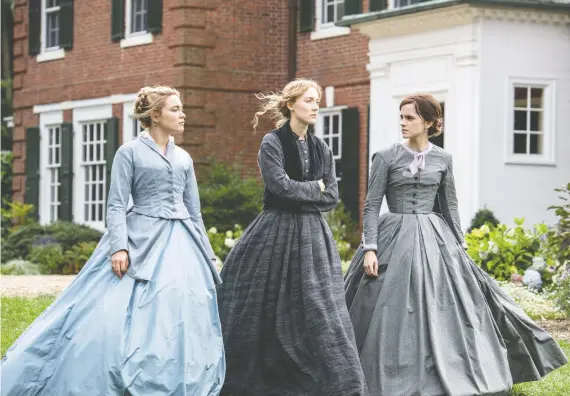  ?? PHOTOS: COLUMBIA PICTURES ?? Little Women, starring Florence Pugh, left, Saoirse Ronan and Emma Watson as tight-knit sisters, takes place in a straitlace­d and restrictiv­e time for women.