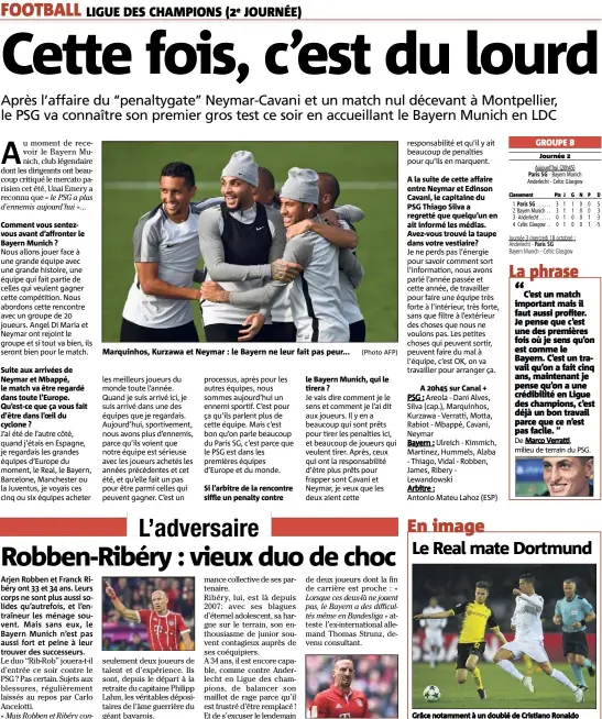  ?? (Photo AFP) Journée  ?? Marquinhos, Kurzawa et Neymar : le Bayern ne leur fait pas peur...