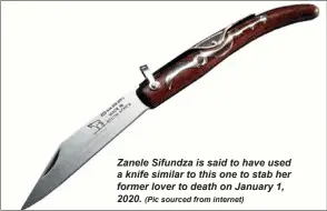  ?? (Pic sourced from internet) ?? Zanele Sifundza is said to have used a knife similar to this one to stab her former lover to death on January 1, 2020.