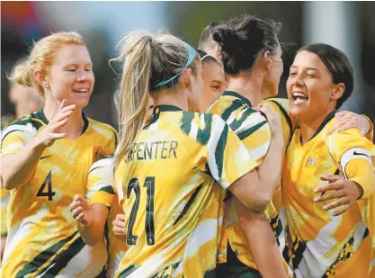  ??  ?? The Matildas celebrate a goal during their friendly against Chile in Adelaide this month.