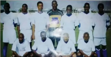  ??  ?? The Blue Bird...Wire (2nd from left - squatting) with ‘Omeya’ - Standing from left: Mekondjo Tobias, Freddy Kauzuu, Sidney Plaatjies, Athiel Mbaha, Armando Pedro, Mogale Naruseb, Fisher Kalimba (capt). Front row from left: Theodor Tom, Paulo ‘Wire’ Shipanga, Meraai Swartbooi, Getzen Ndjiharine.