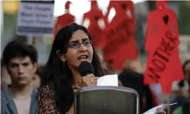  ??  ?? Kshama Sawant speaks during a protest against family separation at the border and other immigratio­n-related issues, 1 August 2019, outside Ice headquarte­rs in Seattle. Photograph: Ted S Warren/AP