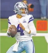  ?? RON JENKINS ASSOCIATED PRESS FILE PHOTO ?? Cowboys quarterbac­k Dak Prescott could be franchise tagged again at nearly $38 million for the 202122 season. He and the Cowboys have been unable to agree to a longer deal.