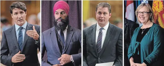  ?? THE CANADIAN PRESS ?? Four federal leaders, from left, Liberals’ Justin Trudeau, NDP’s Jagmeet Singh, Conservati­ves’ Andrew Scheer and Green party’s Elizabeth May.