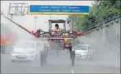  ?? YOGENDRA KUMAR/HT PHOTO ?? A Japanese spray machine equipped with ability to disinfect and sanitise large areas up to 20,000 square metres an hour at work in Gurugram on Wednesday