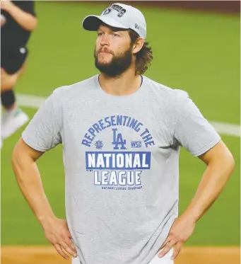  ?? RONALD MARTINEZ/GETTY IMAGES ?? Clayton Kershaw, seen after the Dodgers beat the Braves in Game 7 of the NLCS on Sunday, posted a 2.16 ERA this season while striking out 62 batters in 58 innings and walking just eight.