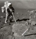  ??  ?? Left: Astronaut Harrison Schmitt is seen covered in lunar dirt while collecting samples during the Apollo 17 mission