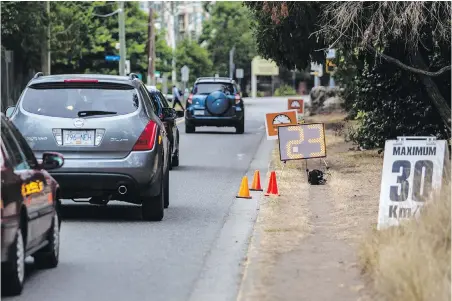  ??  ?? Victoria Police Volunteers Services uses speed signs to remind motorists of their speed and the speed limit. There has been a sharp increase in speeding tickets being handed out on the Pat Bay highway during the COVID-19 outbreak.