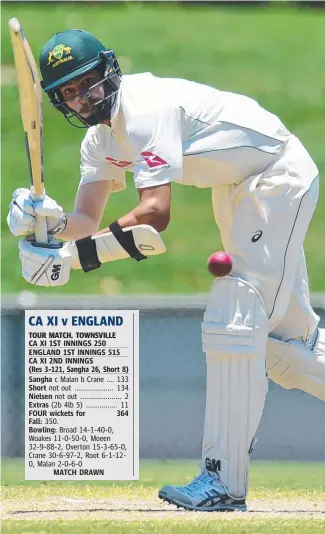  ?? ON SONG: Cricket Australia XI’s Jason Sangha in action against England. Picture: EVAN MORGAN ??