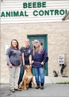  ?? SUBMIITTED ?? Beebe Animal Services recently entered the No Place Like Home Challenge, in which the shelter could win up to $150,000 in grant money. From left are Erica Darden, Beebe Animal Services director; Crystal Chambers, animal-control officer; and Cheryl Burgess, part-time kennel tech and animal-control officer. Pictured with them is Boudreaux, who was picked up with a severely infected injury to his leg, which is being treated. Boudreaux is expected to be available for adoption after 10 days.