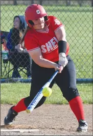  ?? CHUCK RIDENOUR/SDG Newspapers ?? Shelby’s Tessie Bellomy makes contact for a single in Wednesday’s win at Marion.
