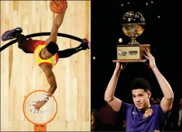  ?? ASSOCIATED PRESS ?? LEFT: UTAH JAZZ’S DONOVAN MITCHELL COMPETES in the NBA All-Star weekend slam dunk contest Saturday in Los Angeles. Mitchell won the event. RIGHT: Phoenix Suns’ Devin Booker holds up his trophy after winning the NBA All-Star basketball 3-Point contest...