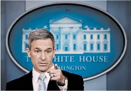  ?? WIN MCNAMEE/GETTY ?? Acting director of Citizenshi­p and Immigratio­n Services Ken Cuccinelli said the rule change will ensure those who come to the country don’t become a burden.